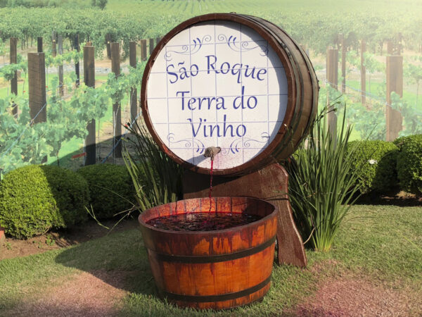 Imagem de um barril, saindo vinho por uma torneira. No barril se lê "São Roque - Terra do Vinho"