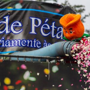 Mascote da Expoflora segurando uma mangueira por onde sai pétalas de rosas