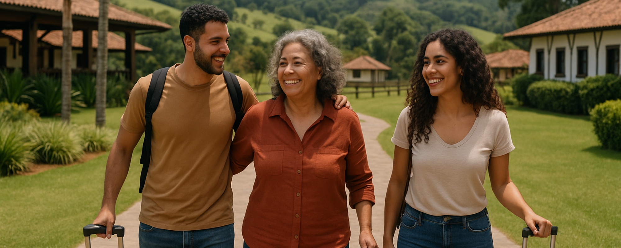 Mãe de cabelos grisalhos, sorridente, caminha ao ar livre ao lado de seus dois filhos adultos. Todos carregam malas de viagem e demonstram felicidade. Ao fundo, há áreas verdes, casas de campo e um céu claro, transmitindo a sensação de um passeio tranquilo em família.