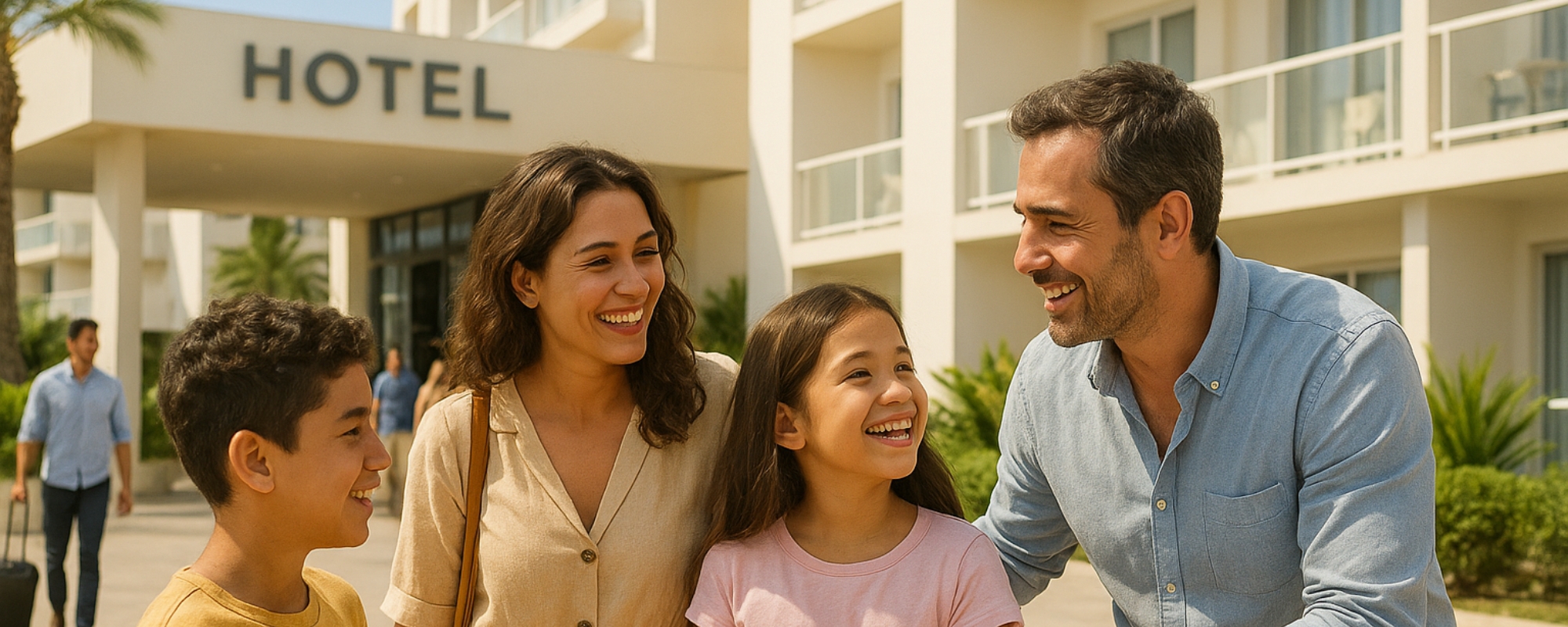 Família composta por um homem, uma mulher e duas crianças, todos sorrindo, em frente à entrada de um hotel moderno, de cor clara e com varandas. O ambiente é iluminado pelo sol e cercado por plantas verdes. Ao fundo, outras pessoas caminham carregando malas. A cena transmite alegria, acolhimento e o início de uma viagem de férias.
