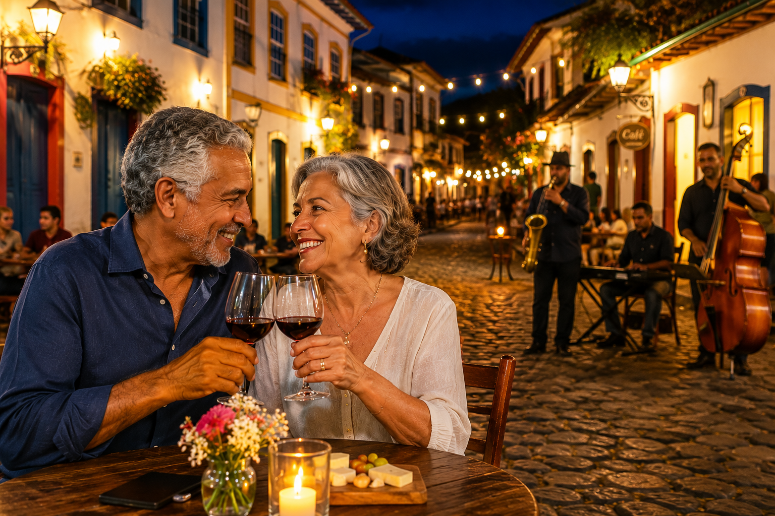 Casal brasileiro maduro brindando com taças de vinho em uma charmosa rua histórica à noite, com iluminação aconchegante, banda de jazz ao fundo e atmosfera romântica.