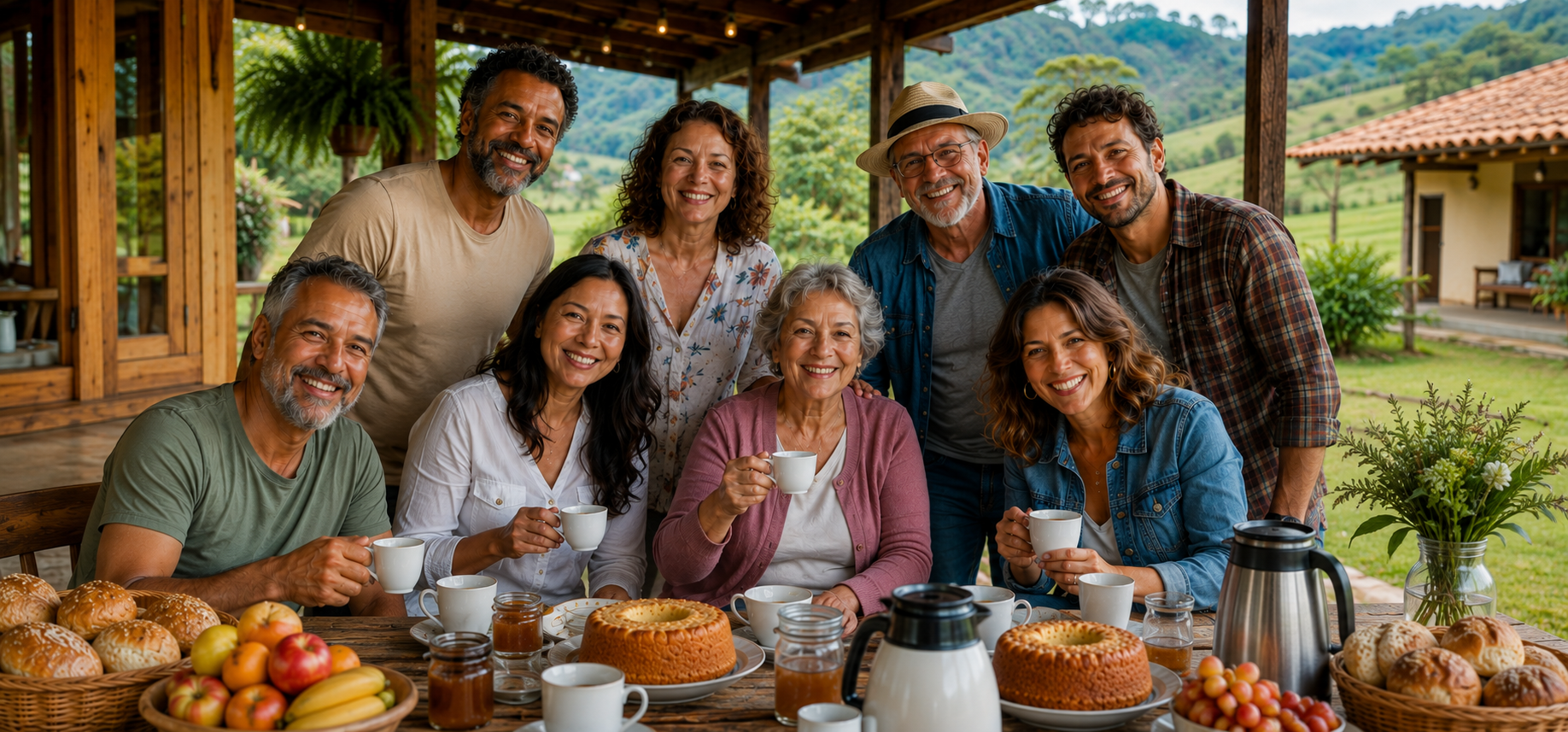 Grupo de adultos e idosos sorrindo durante um café da manhã em um sítio, com pães, bolos, frutas, xícaras e garrafas de café sobre a mesa.